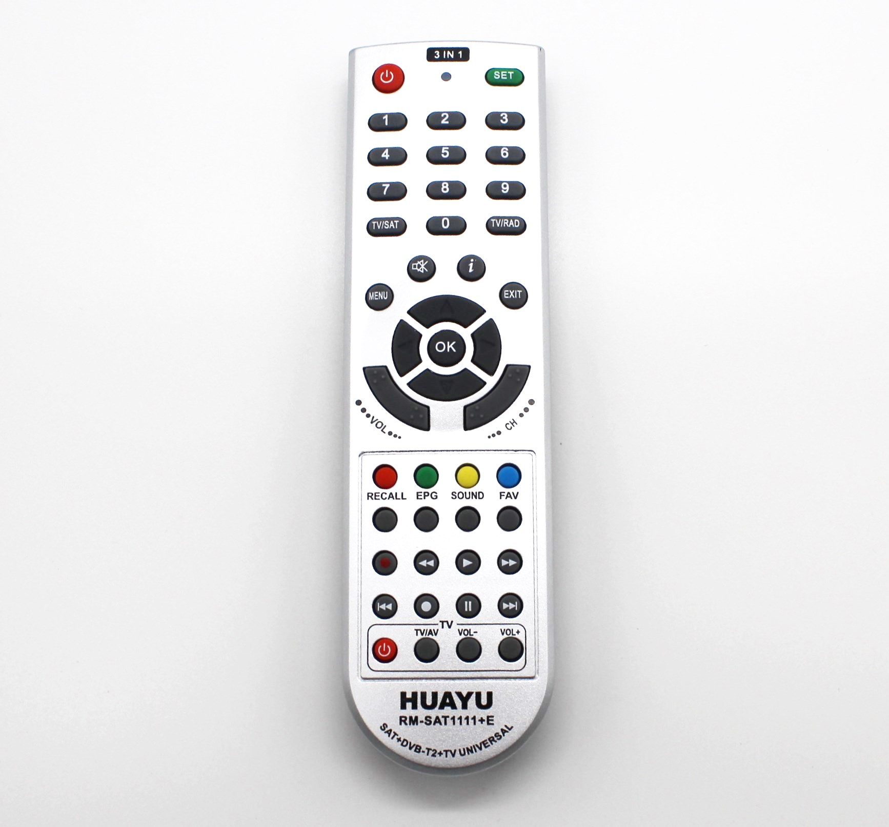 T438 Пульт ТВ универсальный HUAYU RM-SAT1111+E (DVB-T2/SAT/TV)